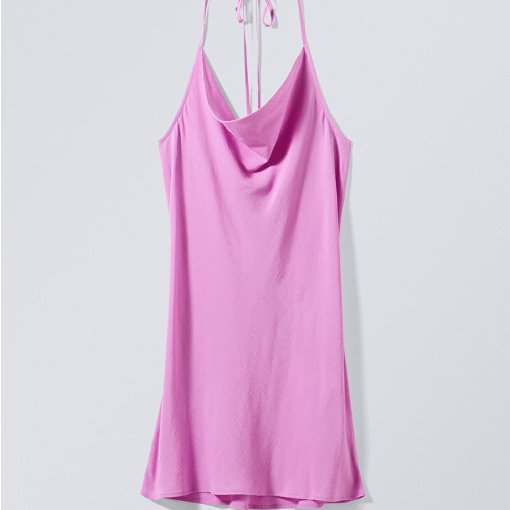 Weekday Halter Slip Dress in Light Pink Purple Satin Silk Cowl Neck Mini Short
